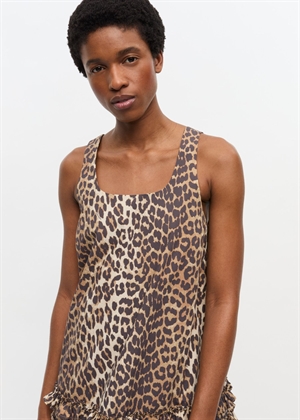 Printed cotton poplin U-neck mini kjole Leopard W0906 Ganni 